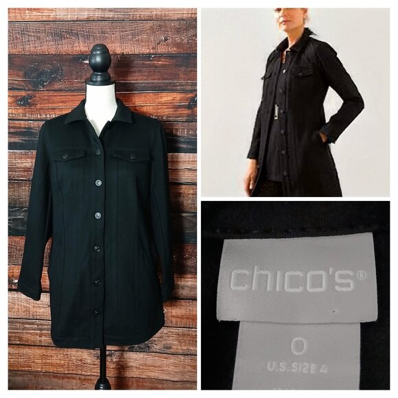 Chico's Jacket Size 0 US Small Black Ponte Stretch Button Front - Picture 1 of 9